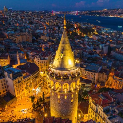 Istanbul,Galata,Tower,Sunset,Night,Aerial,View,Drone,Shot,